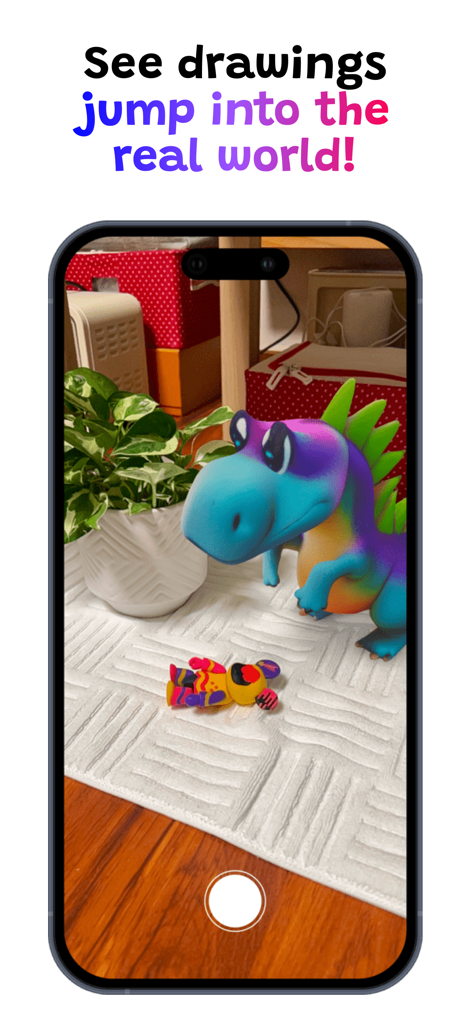 Drawings Alive AI: Sketch & 3D - A smartphone screen showing a 3D dinosaur model in augmented reality standing on a rug in a real room.