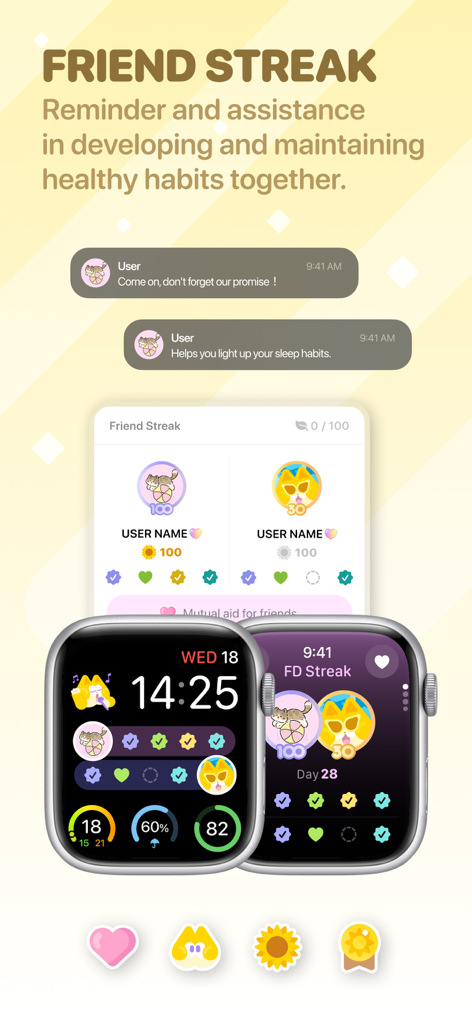 Moodji: Health & Mood Tracker - Moodjiアプリのフレンドストリークインターフェイス。iPhoneとApple Watchで共有習慣追跡とソーシャルアカウンタビリティが表示されています。