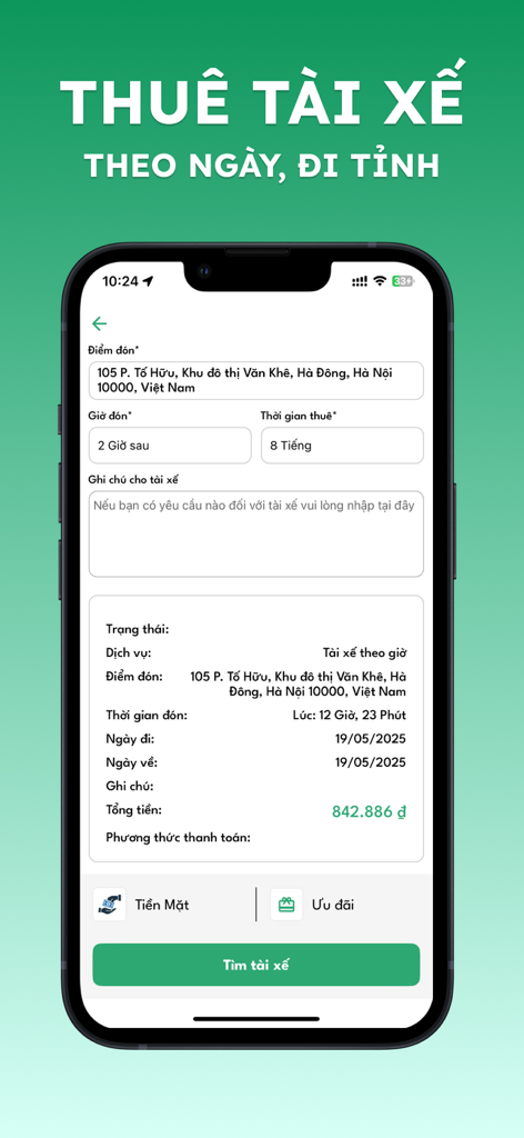 Thuelai mobile app screen for booking a professional driver showing pickup location and trip summary