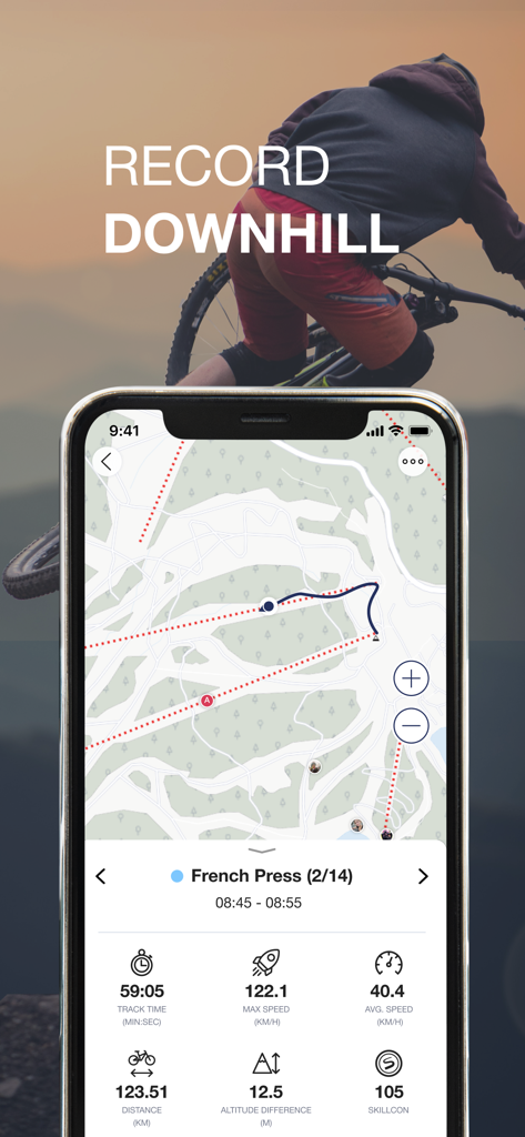 Skill: Ski, MTB, Hike Tracker - A smartphone screen displaying the Skill app with a mountain bike trail map and downhill activity statistics like speed and distance