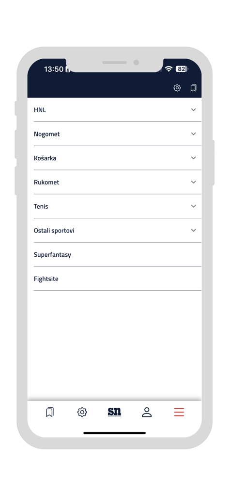 Sportske novosti - Hauptmenübildschirm der Sportske novosti App, der eine Liste von Sportkategorien anzeigt, darunter HNL, Fußball und Basketball.