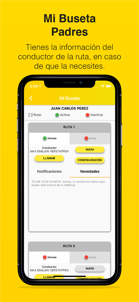 Mi Buseta Padres - Interface do aplicativo Mi Buseta Padres mostrando detalhes da rota do ônibus escolar e informações de contato do motorista