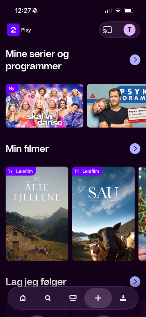 TV 2 Play - Home screen of the TV 2 Play app displaying categories for series and movie rentals.