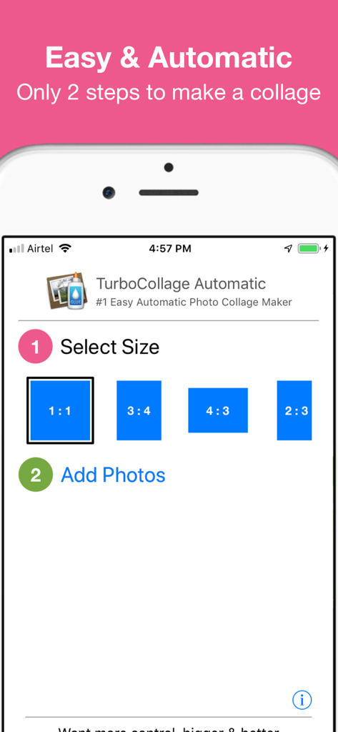 TurboCollage app interface showing the two simple steps to select a photo size and add images for a collage