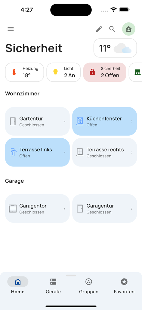 everHome - everHome app dashboard showing security status of doors and windows in a smart home