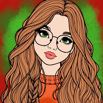 girl with long hair and freckles and glasses realistic