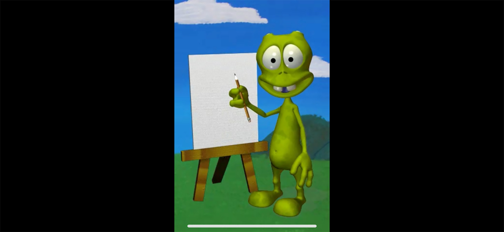 Pogg the green alien holding a pencil in front of a white canvas on an easel