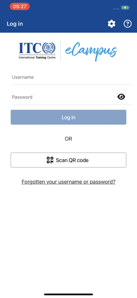 ITCILO eCampus - Schermata di accesso dell'app ITCILO eCampus che mostra i campi per nome utente e password