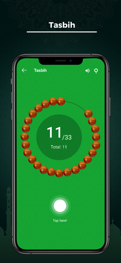 Muslim App - Islamic Pro - Digital Tasbih prayer beads counter screen in the Muslim App Islamic Pro showing a count of 11 out of 33.