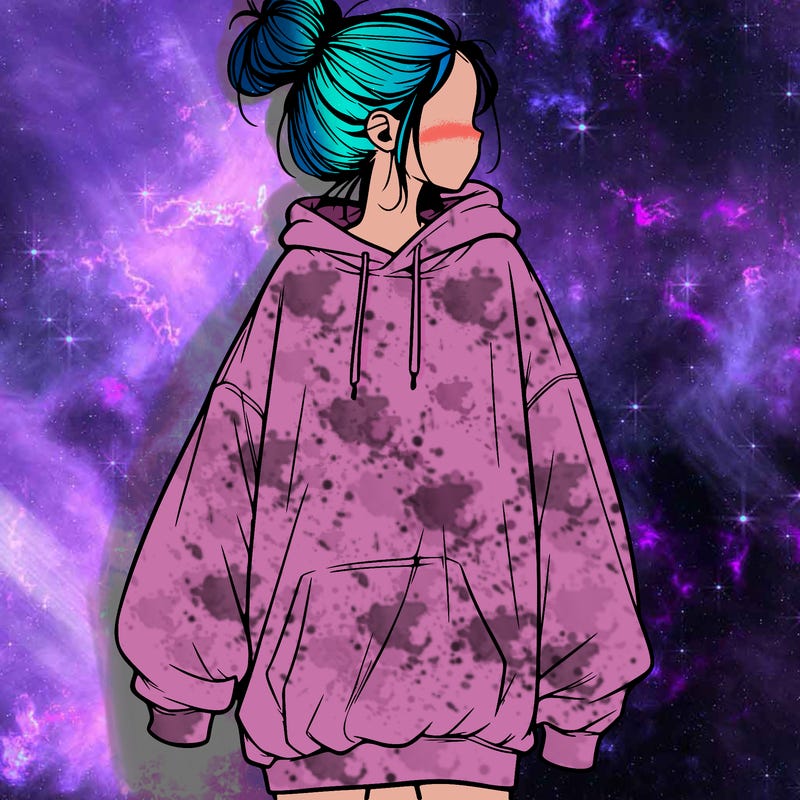 realistic girl with a oversized sweatshirt on and a bun