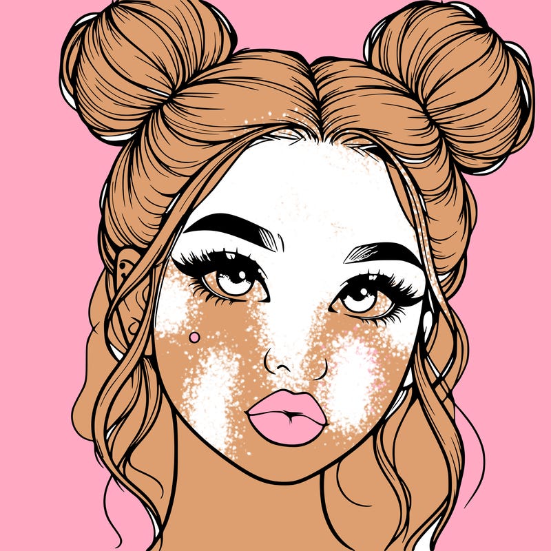realistic girl with two buns on her hair and lips