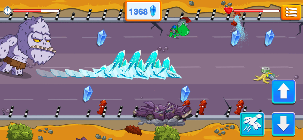 Hippo superhero character battling a giant purple monster on a road