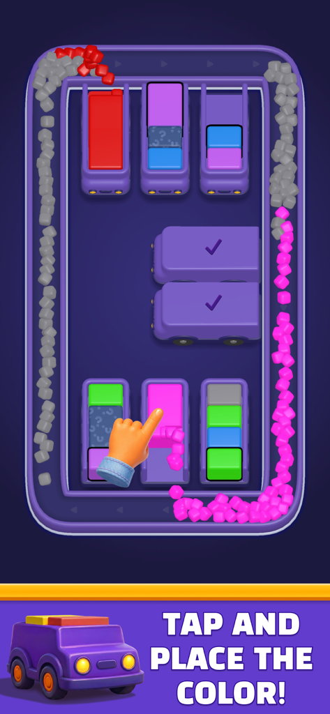 Loop Sort - A mobile puzzle game screen showing colored cubes being sorted from trucks onto a conveyor belt