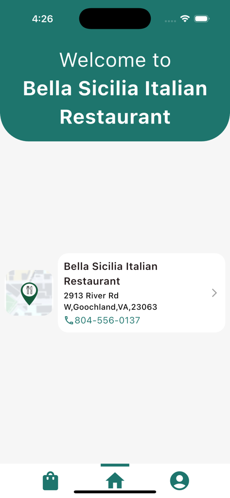 Bella Sicilia - Restaurant - Welcome screen of the Bella Sicilia Italian Restaurant app displaying the restaurant location in Goochland Virginia