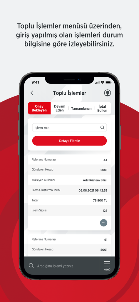 Ziraat Bankasi OPI mobile app screen showing corporate bulk transaction approval status