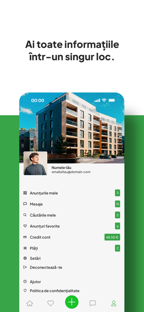 User account profile screen of the homeZZ real estate application showing menu options and account management features in Romanian