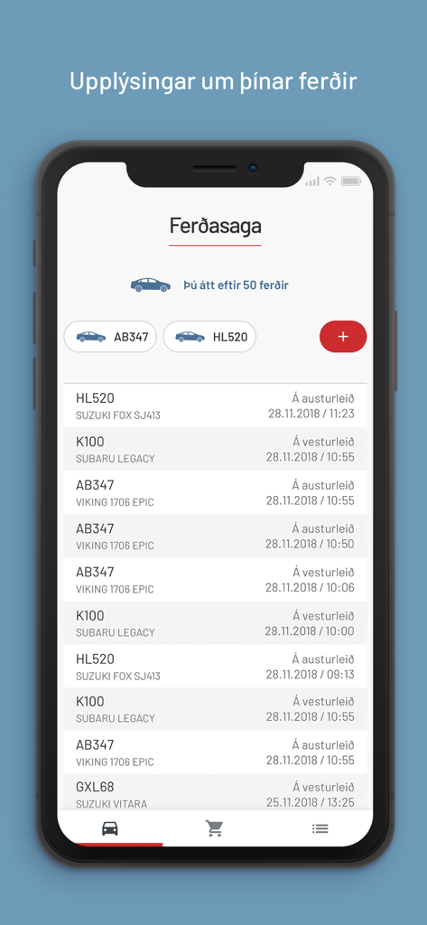 Captura de pantalla de la aplicación Veggjald que muestra una lista de viajes recientes por túnel y matrículas de vehículos registrados.
