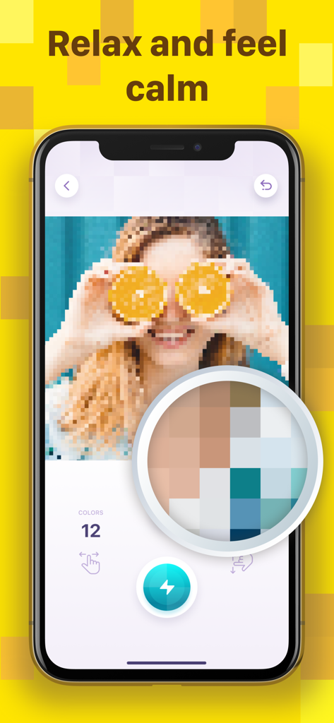 Pixelkunst-Mal-App zeigt ein Porträt einer Frau und die Worte „Relax“ und „Feel Calm“.
