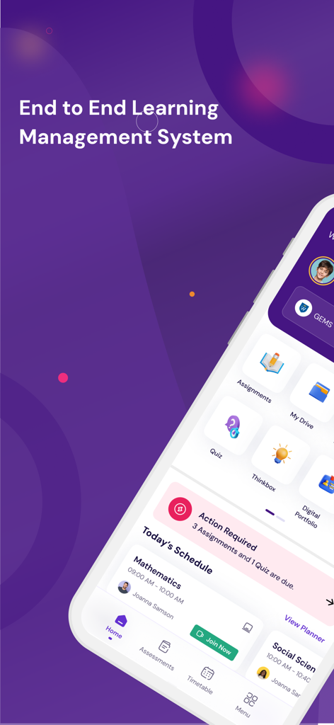 Phoenix Classroom - Phoenix Classroom app displaying an end-to-end learning management system interface with student assignments and daily schedule
