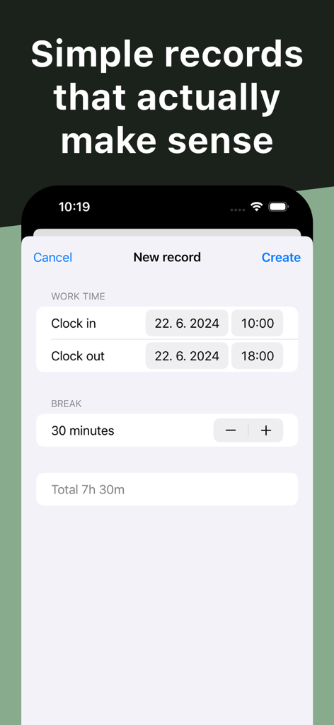 Work Hours Tracker: WorkClock - WorkClockアプリの新規レコード画面。出勤、退勤、休憩設定を表示。