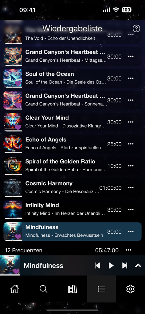 A playlist of 3D meditation frequencies including Soul of the Ocean and Cosmic Harmony in the Brainwave3D app.
