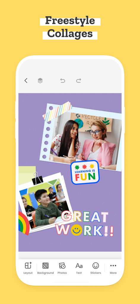 Screenshot of PicCollage EDU app interface showing a freestyle collage with classroom photos and educational stickers.