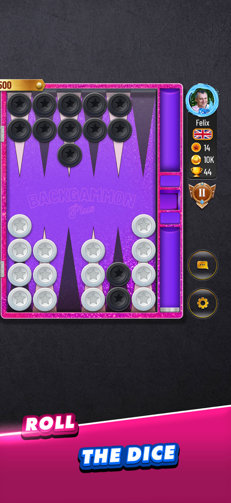 Backgammon Plus - Board Games - Un tavolo da backgammon digitale viola con pedine bianche e nere e un invito a lanciare i dadi.