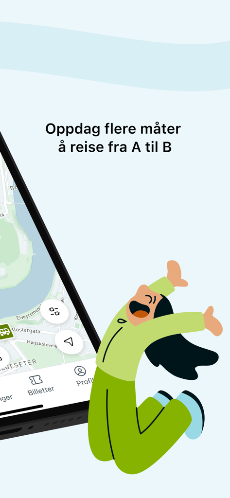 Screen showing AtB public transport app with a map and a happy illustrated traveler.