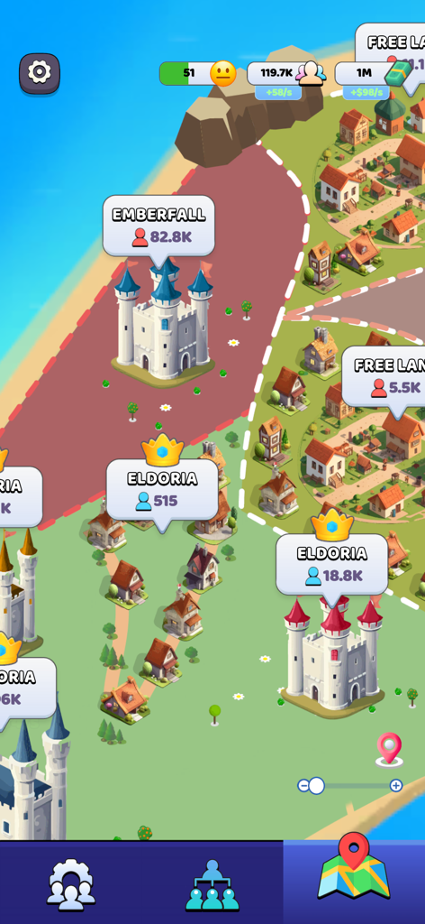 Kingdom Life! - A strategic map view of Kingdom Life showing castles and territories