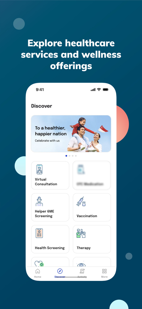Doctor Anywhere: Healthcare - The Discover screen of the Doctor Anywhere app showing various digital healthcare services like virtual consultation and therapy