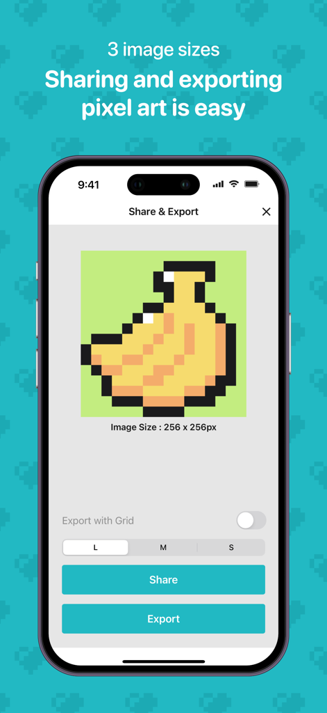 A smartphone screen showing the share and export options for a pixel art banana in the 8bit Painter app