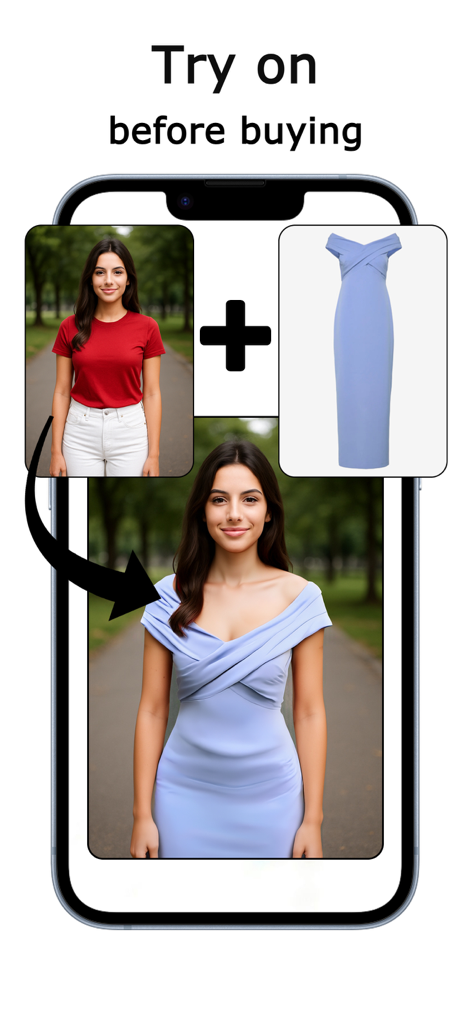 FashionTry: Virtual Try-On - Una pantalla de móvil mostrando la aplicación FashionTry donde la foto de una mujer se combina con un vestido azul para crear un resultado de prueba virtual