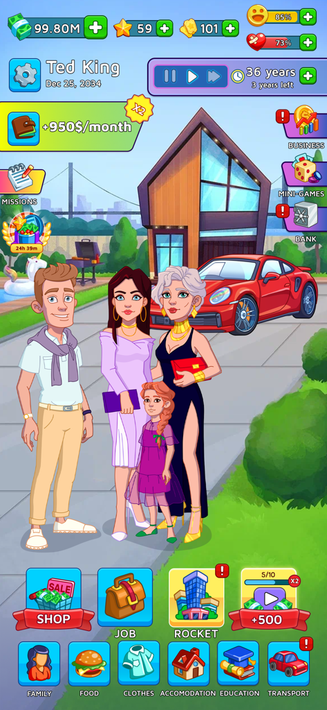 Un personaje rico con una familia y un coche de lujo en Money Empire Rich Tycoon Life