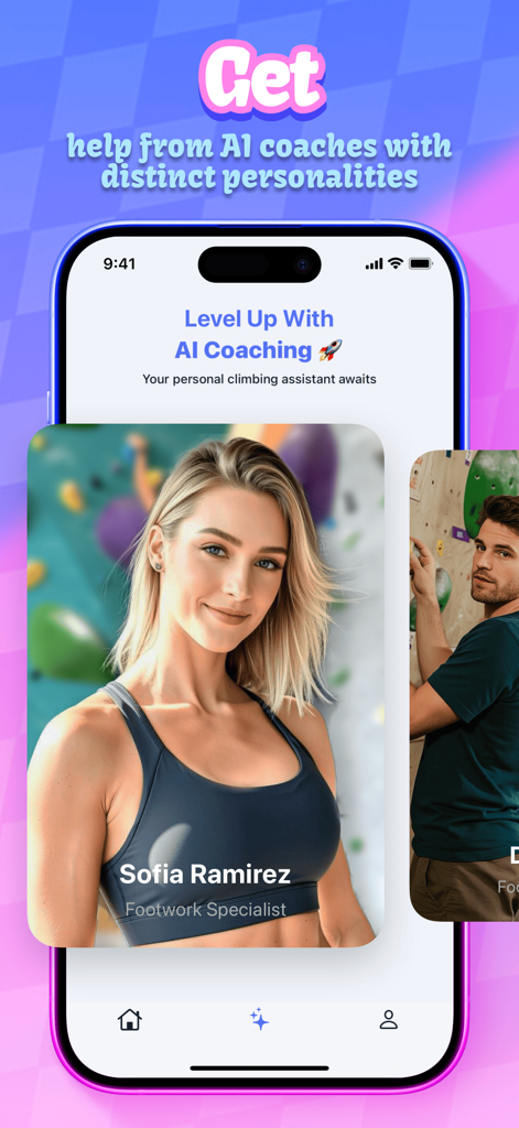 Zemra app screen showcasing AI climbing coaches including a footwork specialist profile.