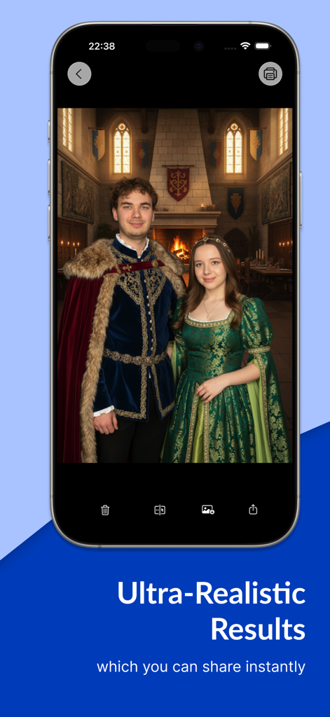 AutoBoothAI: AI Photo Booth - AutoBoothAIアプリ内で、中世の衣装を着たカップルのリアルなAI生成ポートレートを表示するスマートフォンの画面。