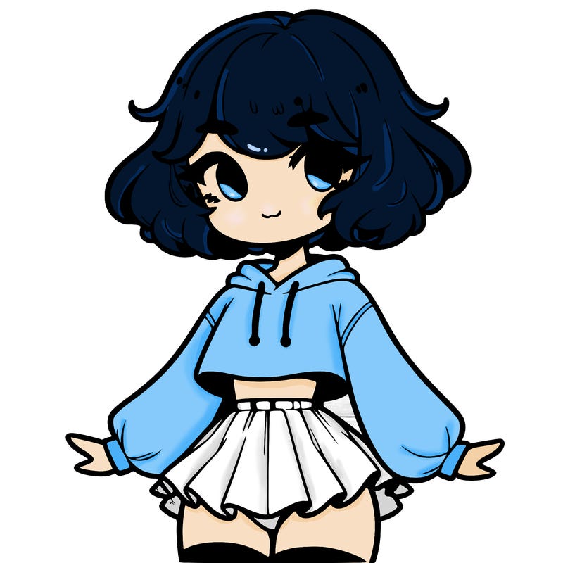 cute femboy with short, fluffy hair that softly frames their face, wearing a cropped hoodie, paired with a flouncy short skirt, and thigh-high stockings