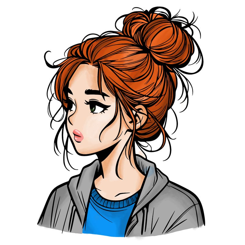 realistic teenage girl with a messy bun