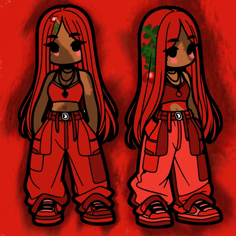 girl in baggy pants crop top and long hair