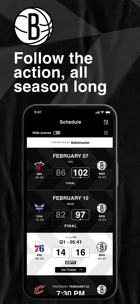 Brooklyn Nets - 브루클린 네츠 공식 앱이 라이브 점수와 예정된 경기가 있는 팀 경기 일정을 표시합니다.