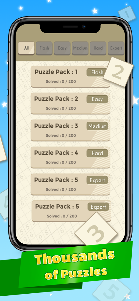 Sudoku IQ - Train your Brain - A menu screen of the Sudoku IQ app showing various puzzle packs categorized by difficulty levels from Flash to Expert