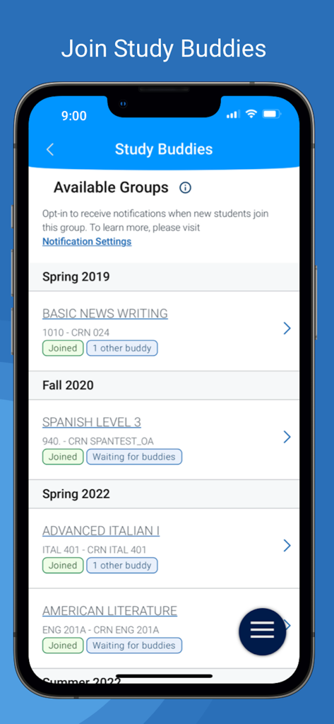 Navigate360 Student - Interface do aplicativo Navigate360 Aluno para ingressar em grupos de colegas de estudo disponíveis