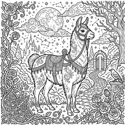 Journey into a world where majestic llamas roam under a gothic night sky. This intricate coloring page invites you to explore a scene filled with celestial wonders and Victorian elegance.
