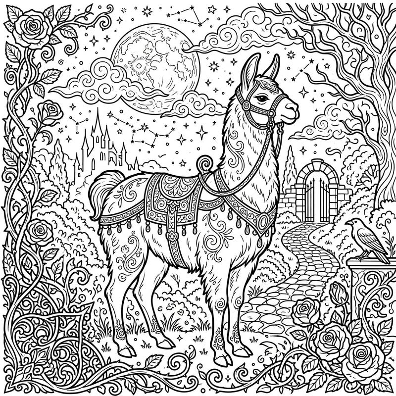 Journey into a world where majestic llamas roam under a gothic night sky. This intricate coloring page invites you to explore a scene filled with celestial wonders and Victorian elegance.