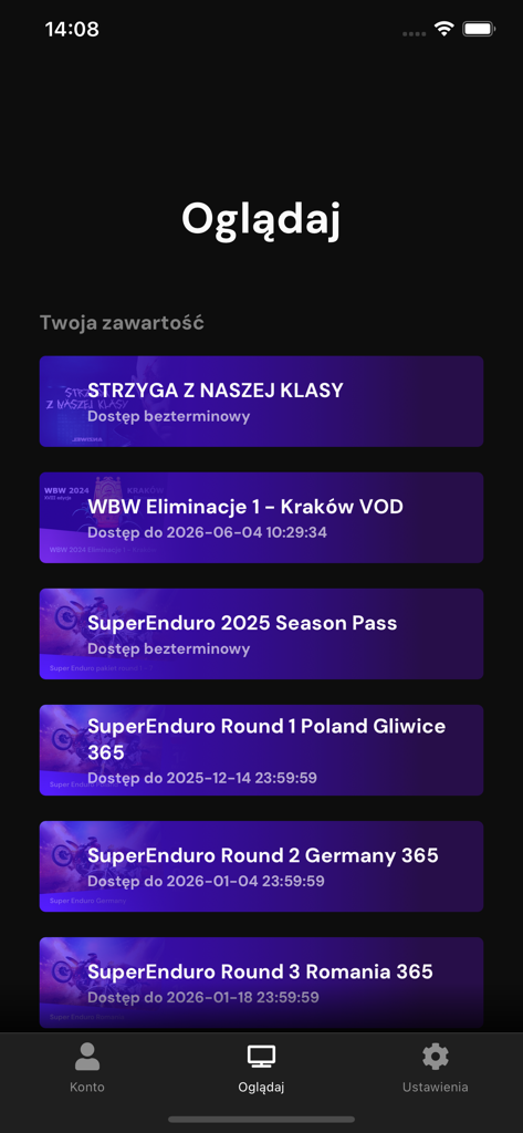 Playlive - PPV - Playlive PPV app interface showing a list of purchased sports and entertainment events in the user library