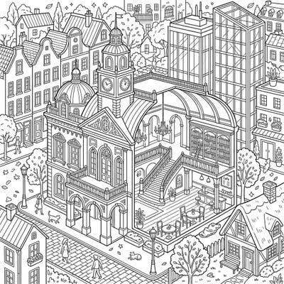 Dive into a beautifully intricate urban landscape with this architectural photography coloring page, featuring a blend of historical charm and modern design. This detailed scene offers endless opportunities to explore different textures and structures with your favorite colors.