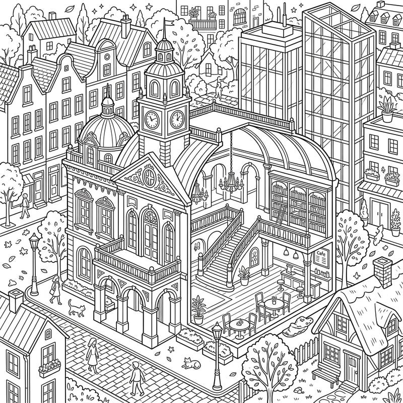 Dive into a beautifully intricate urban landscape with this architectural photography coloring page, featuring a blend of historical charm and modern design. This detailed scene offers endless opportunities to explore different textures and structures with your favorite colors.