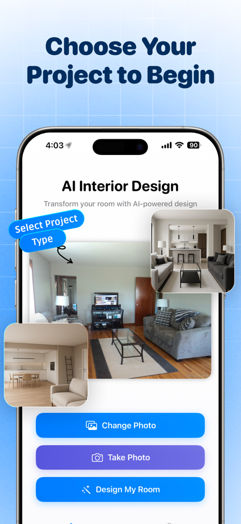 AI Room Planner - Baytee - Mobile interface of the AI Room Planner app showing buttons to upload or take a photo to start an interior design project.