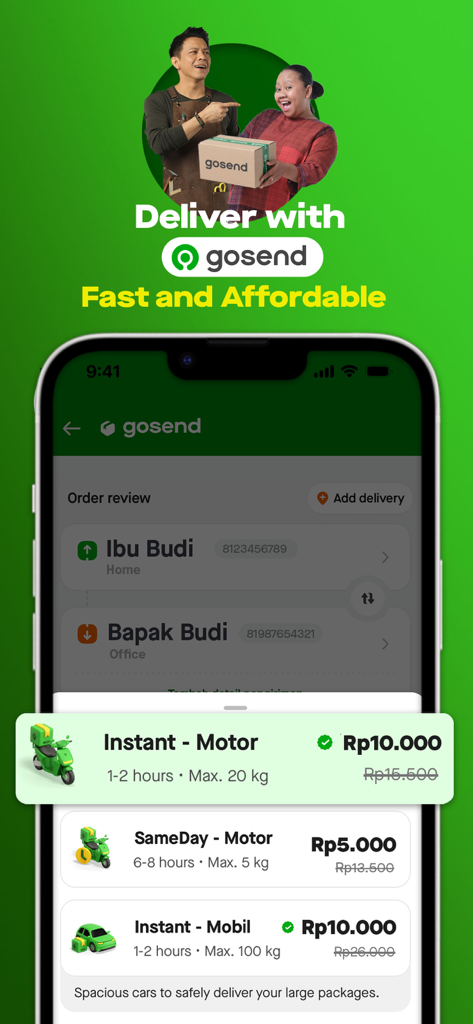 Gojek app interface displaying GoSend delivery options for motorcycles and cars with upfront pricing.