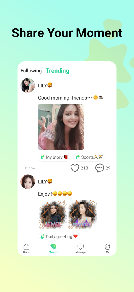 YoYo - Voice Chat Room - Interface of the YoYo app showing a trending social feed with user posts and photos