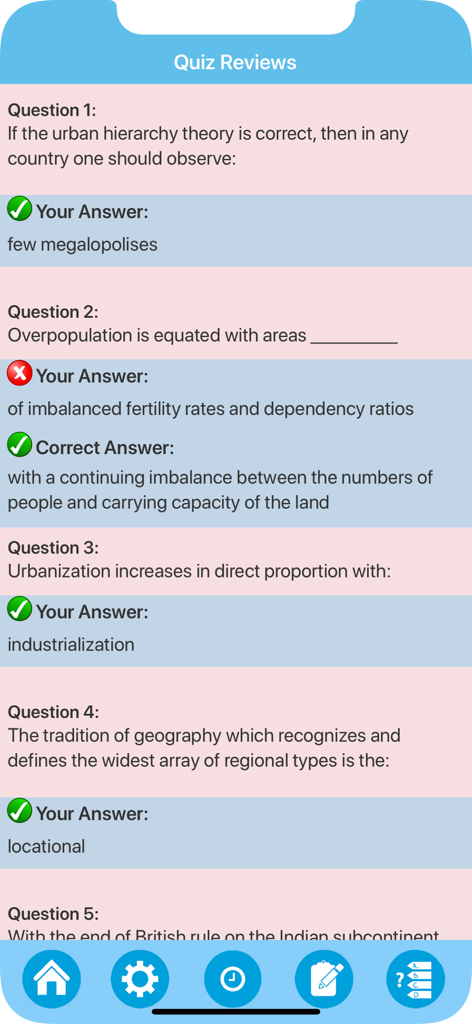 Science : Learn Geography - Geography quiz review screen displaying multiple choice questions and answers